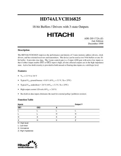 Hitachi HD74ALVCH16825 18-bit Buffers/Drivers with 3-state Outputs Datasheet - cover page