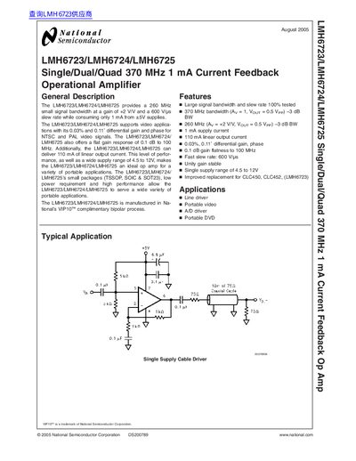 National Semiconductor LMH6723/LMH6724/LMH6725 Single/Dual/Quad 370 MHz 1 mA Current Feedback Operational Amplifier handbook - cover page