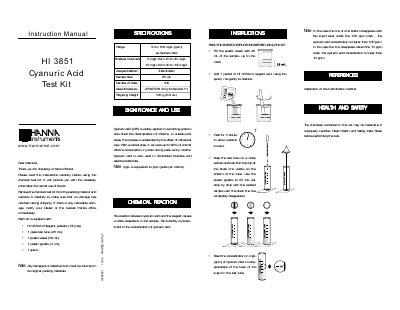 Hanna HI 3851 Cyanuric Acid Test Kit Instruction Manual - cover page