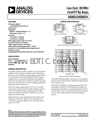 Analog Devices AD8033/AD8034 FastFET Op Amp Datasheet - cover page