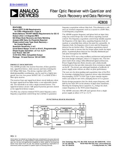 Analog Devices AD808 Fiber Optic Receiver Datasheet - cover page