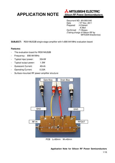 MITSUBISHI ELECTRIC RD01MUS2B single-stage amplifier with f=890-941MHz evaluation board Manual - cover page