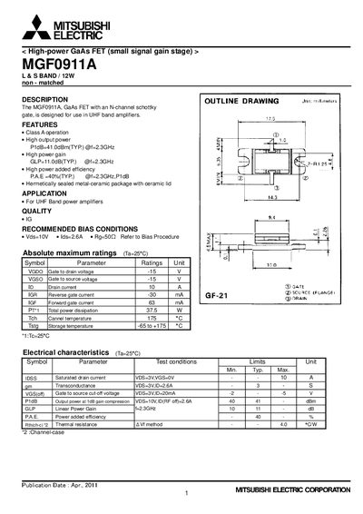 Mitsubishi MGF0911A GaAs FET Datasheet - cover page