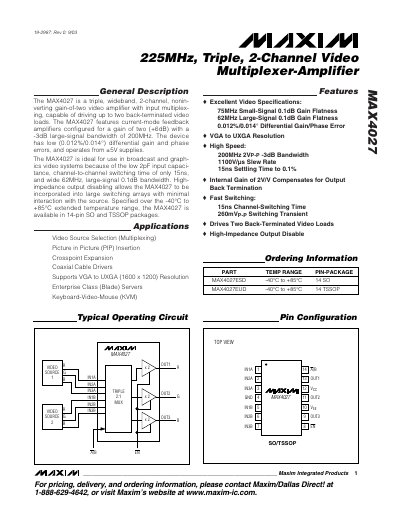 Maxim MAX4027 Triple 2-Channel Video Multiplexer‑Amplifier Datasheet - cover page