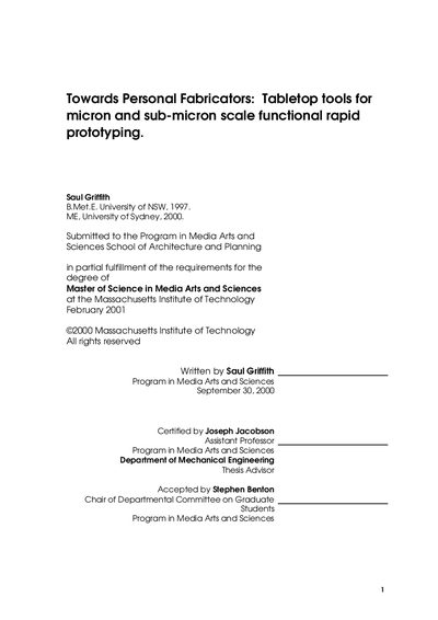 MIT Personal Fabricators: Tabletop Tools for Micron and Sub-Micron Scale Rapid Prototyping - cover page