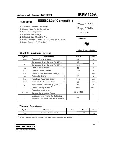 Fairchild Semiconductor IRFM120A Power MOSFET Datasheet - cover page