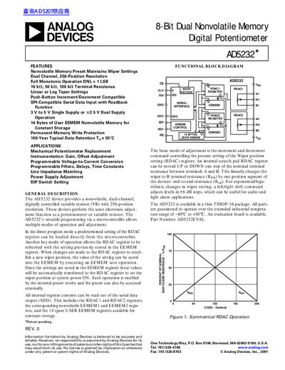 ANALOG DEVICES AD5232* 8-Bit Dual Nonvolatile Memory Digital Potentiometer handbook - cover page