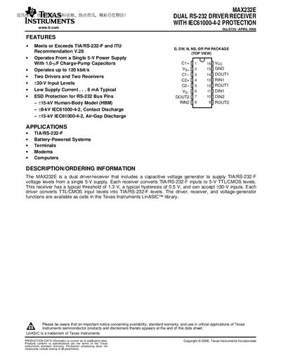 TEXAS INSTRUMENTS MAX232E DUAL RS-232 DRIVER/RECEIVER WITH IEC61000-4-2 PROTECTION Data Sheet  - cover page