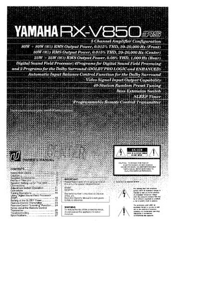Yamaha RX-V850RS Receiver Owner's Manual - cover page