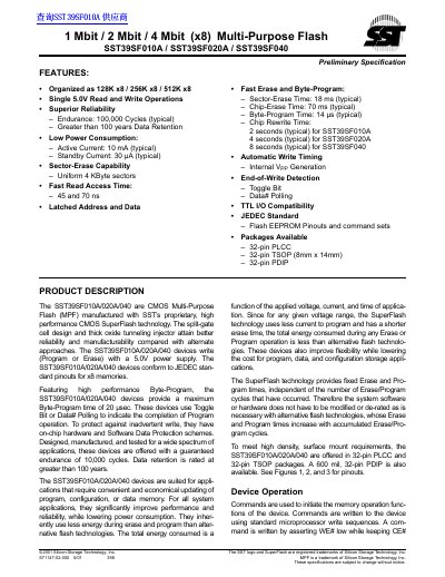 SST 1 Mbit 2 Mbit 4 Mbit (x8) Multi-Purpose Flash SST39SF010A SST39SF020A SST39SF040 handbook - cover page