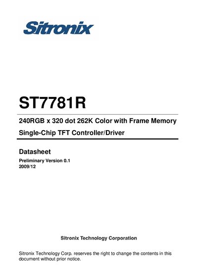 Sitronix ST7781R 240RGB x 320 dot 262K Color with Frame Memory Single-Chip TFT Controller/Driver Manual - cover page