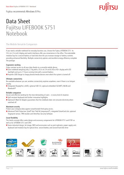 Fujitsu S751 Notebook Data Sheet - cover page