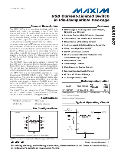 Maxim MAX1607 USB Current-Limited Switch Datasheet - cover page