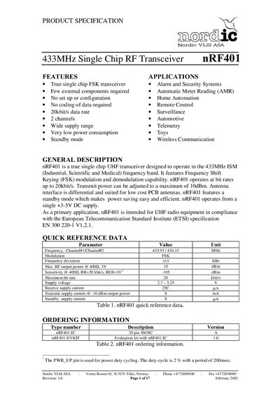 Nordic nRF401 433MHz Single Chip RF Transceiver Datasheet - cover page