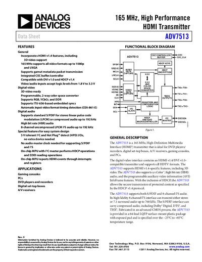 Analog Devices ADV7513 HDMI Transmitter Datasheet - cover page