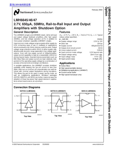 National Semiconductor LMH6645/46/47 2.7V 650 A 55MHz Rail-to-Rail Input Output Amplifiers with Shutdown Option handbook - cover page
