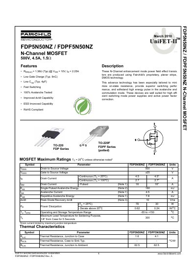 Fairchild FDP5N50NZ / FDPF5N50NZ N-Channel MOSFET Datasheet - cover page