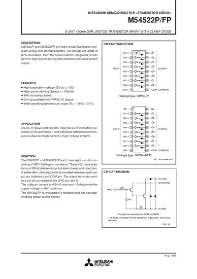 Mitsubishi M54522P/FP 8‑Unit 400mA Darlington Transistor Array Datasheet - cover page