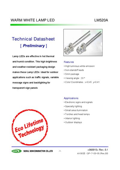 Seoul Semiconductor LM520A Warm White Lamp LED Technical Datasheet - cover page