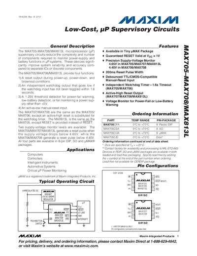 Maxim MAX705/MAX706/MAX707/MAX708/MAX813L Datasheet - cover page