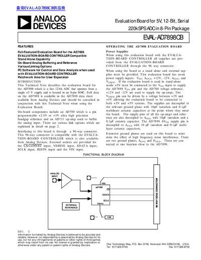ANALOG DEVICES Evaluation Board for 5V 12-Bit Serial 220kSPS ADC in 8-Pin Package EVAL-AD7898CB handbook - cover page