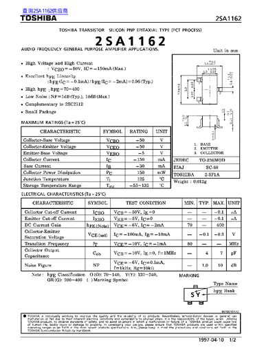 Toshiba 2SA1162 PNP Transistor Datasheet