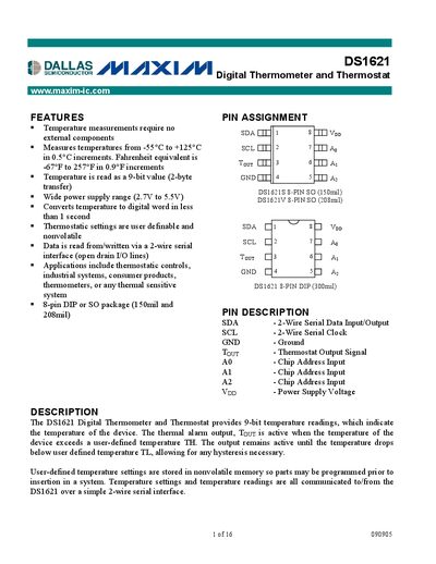 Maxim DS1621 Digital Thermometer and Thermostat Datasheet