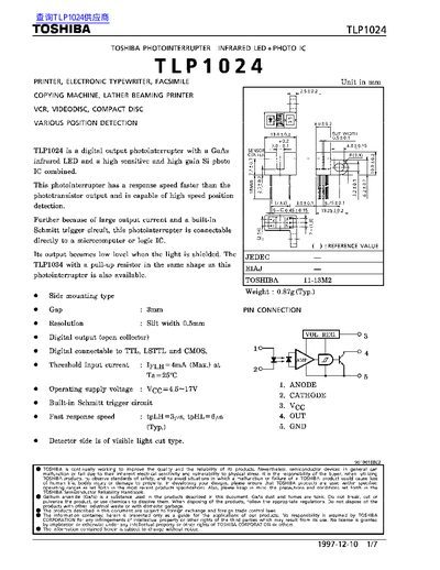 Toshiba TLP1024 Photointerrupter Infrared LED+Photo IC Datasheet