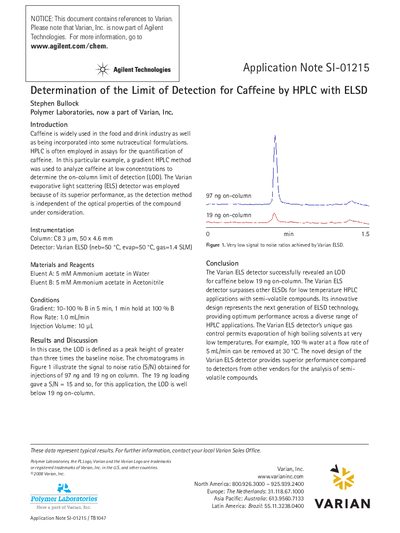 Agilent Application Note SI-01215 Determination of the Limit of Detection for Caffeine by HPLC with ELSD - cover page