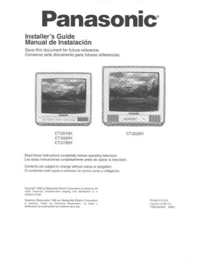 Panasonic CT-2010H/CT-2020H/CT-2720H/CT-2520H Installation Guide - cover page
