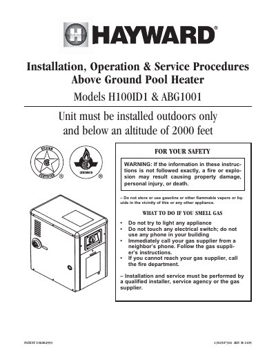 Hayward ABG1001 Above Ground Pool Heater Installation Operation and Service Manual - cover page