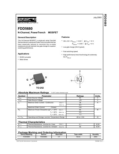 Fairchild Semiconductor FDD5680 N-Channel PowerTrench MOSFET Datasheet - cover page