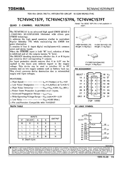 TOSHIBA TC74VHC157G/TC74VHC157FN/TC74VHC157FT Manual - cover page