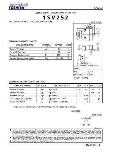 Toshiba 1SV252 Silicon Epitaxial Pin Diode Datasheet - cover page