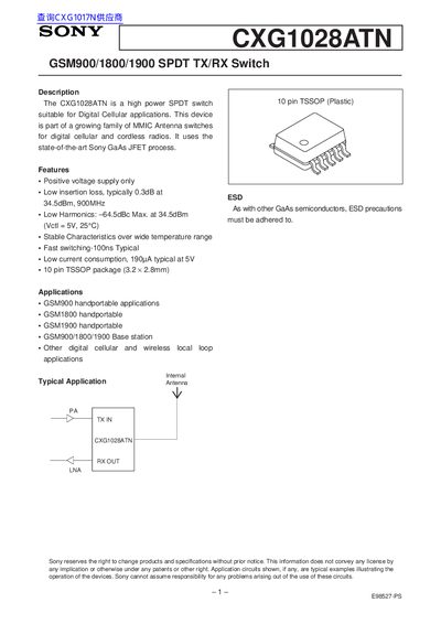 SONY GSM900/1800/1900 SPDT TX/RX Switch - cover page