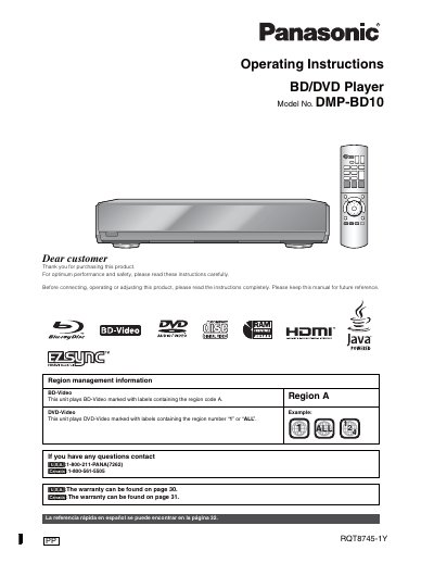 Panasonic DMP-BD10 BD/DVD Player Operating Instructions