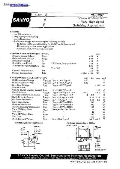 Sanyo 2SJ267 P-Channel MOSFET Datasheet - cover page
