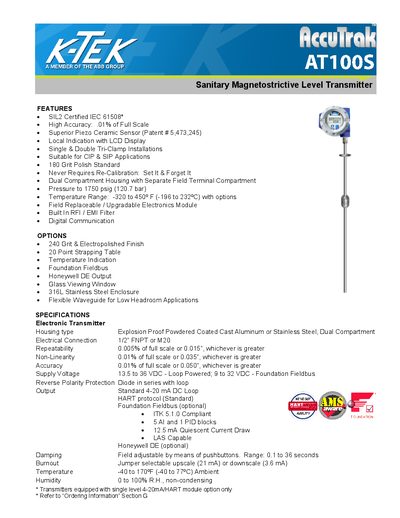 K-TEK AT100S Sanitary Magnetostrictive Level Transmitter Manual - cover page