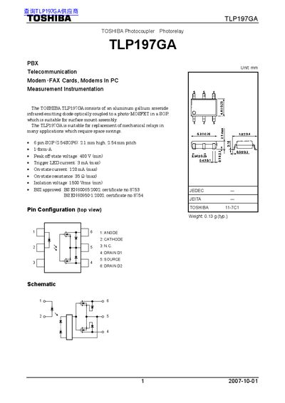 Toshiba TLP197GA Photocoupler Datasheet