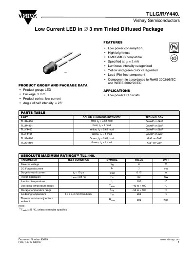 Vishay TLLG/R/Y440 Low Current LED Datasheet - cover page