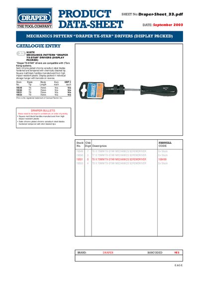Draper TX-STAR Mechanics Pattern Screwdriver Product Sheet - cover page