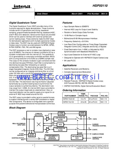 Intersil HSP50110 Digital Quadrature Tuner Datasheet - cover page