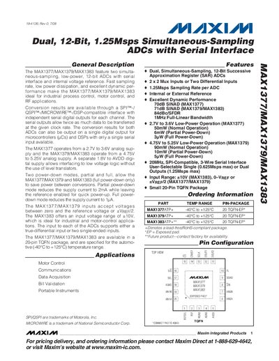 Maxim Integrated MAX1377/MAX1379/MAX1383 Dual 12‑Bit 1.25 Msps Simultaneous‑Sampling ADCs Serial Interface Handbook - cover page