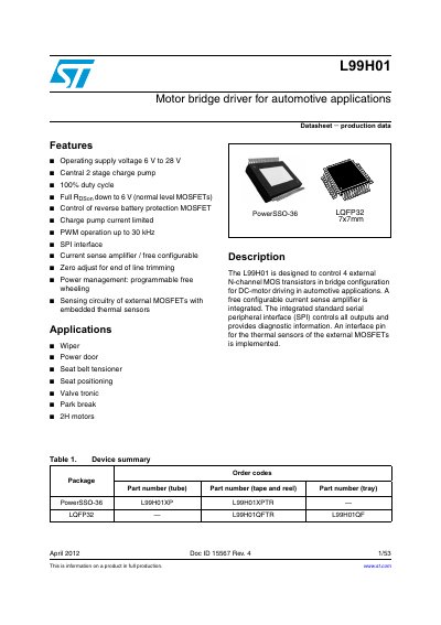 STMicroelectronics L99H01 Motor Bridge Driver Datasheet