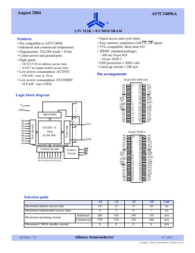 Alliance Semiconductor AS7C34096A 3.3V 512K×8 CMOS SRAM Datasheet - cover page
