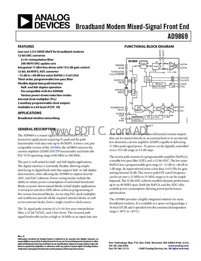 Analog Devices AD9869 Mixed-Signal Front-End Datasheet - cover page