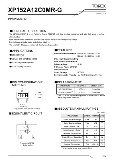 Torex XP152A12C0MR-G Power MOSFET Datasheet - cover page