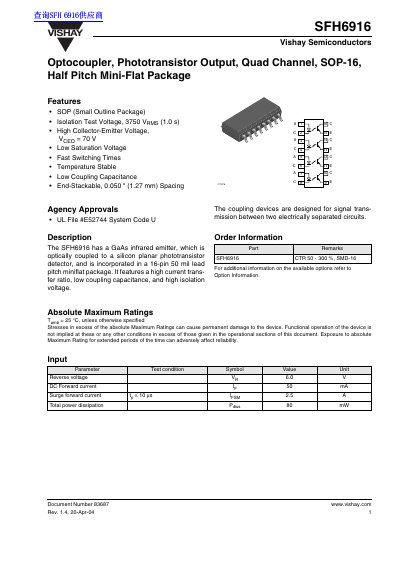 Vishay SFH6916 Optocoupler Datasheet - cover page