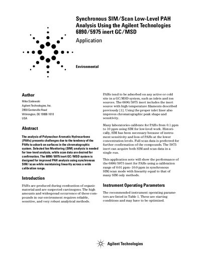 Agilent 6890/5975 Synchronous SIM/Scan Low-Level PAH Analysis Application Note - cover page