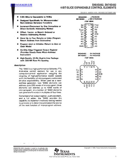 Texas Instruments SN54S482/SN74S482 4-Bit Slice Control Elements Datasheet - cover page